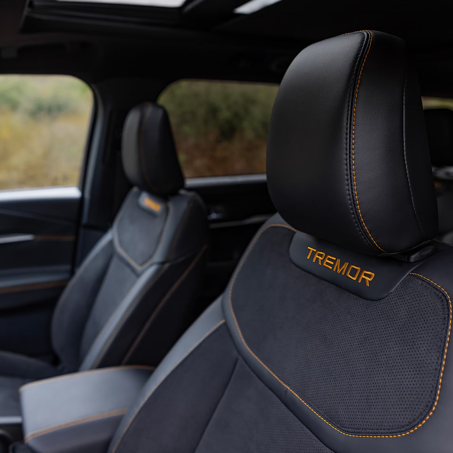 Black leather car seats with orange stitching and embroidery are featured in the foreground, with a blurred outdoor landscape visible through the windows in the background.