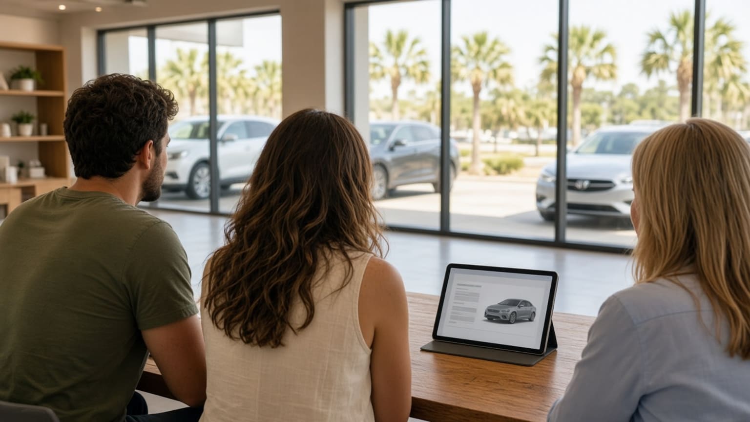 Three people sit at a wooden table looking at a tablet in the foreground, with a car showroom and palm trees visible through large windows in the background.
