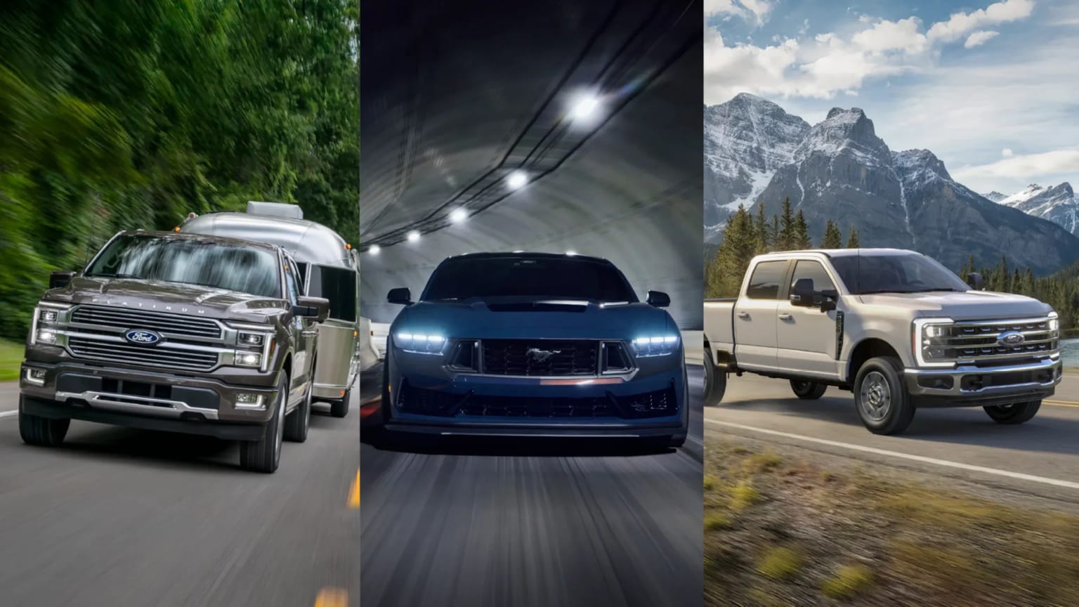 A truck tows a trailer on a tree-lined road in the left panel, a dark blue sports car drives through a tunnel in the center panel, and another truck tows a trailer on a road with mountains in the background in the right panel.