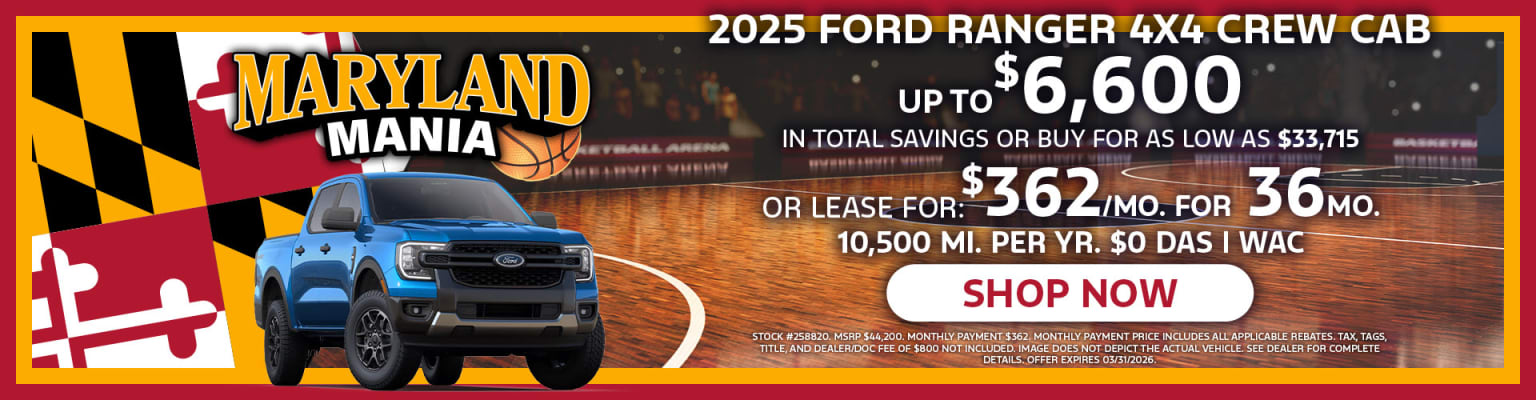 The image features a 2025 4x4 vehicle prominently displayed in the foreground, set against a basketball court backdrop with the "Maryland Mania" logo and text highlighting the vehicle's savings and leasing options.