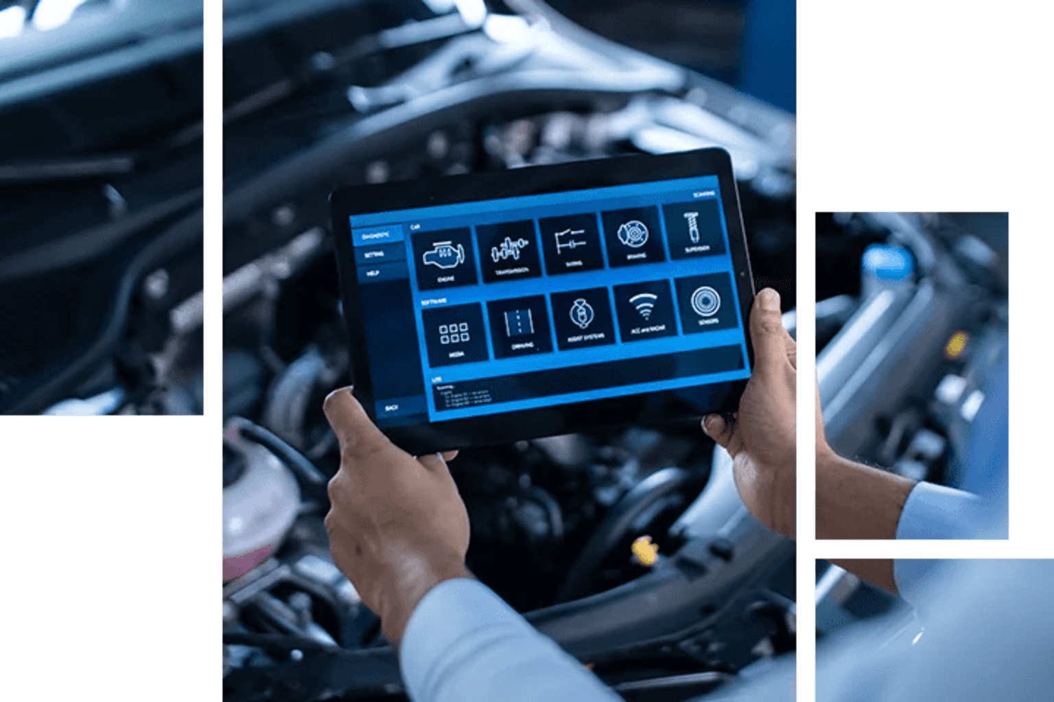 Hands holding a tablet device with vehicle controls and indicators displayed, interior of a vehicle in the background.