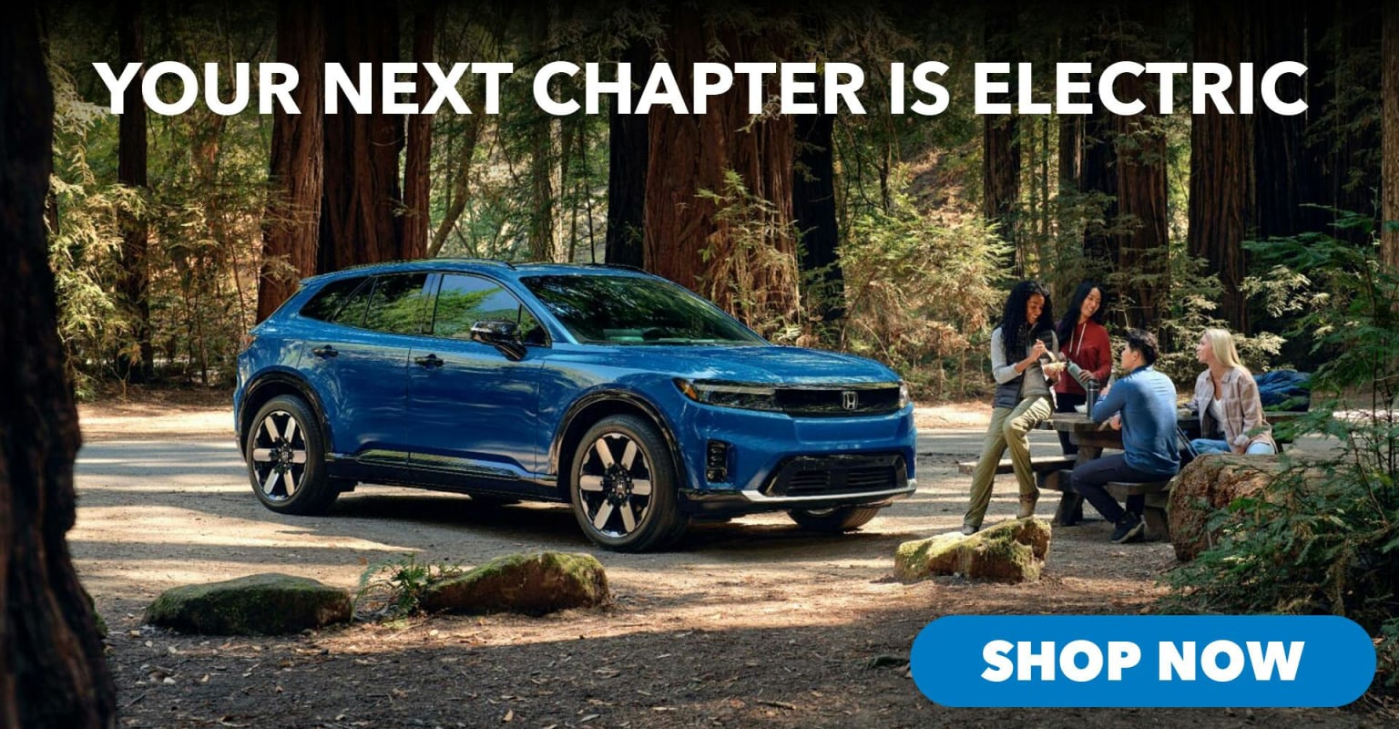 Electric SUV in blue color parked on a road in a forest, with a group of people gathered around a picnic table in the background.