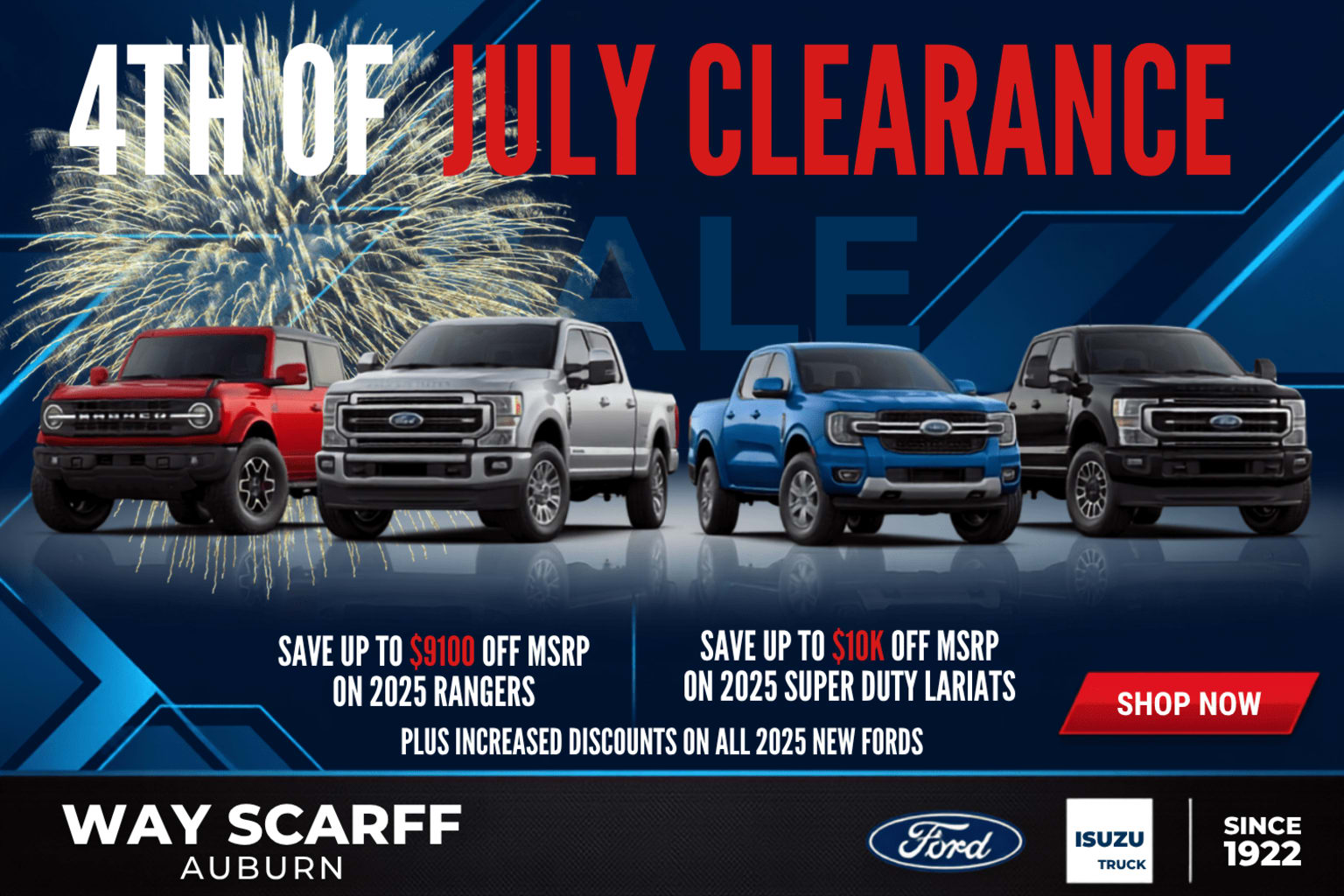 Four trucks are displayed in the foreground with a "4th of July Clearance Sale" banner and fireworks in the background.