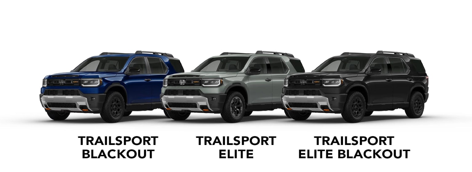 Three SUVs are displayed on a white background: a blue SUV, a gray SUV, and a black SUV.