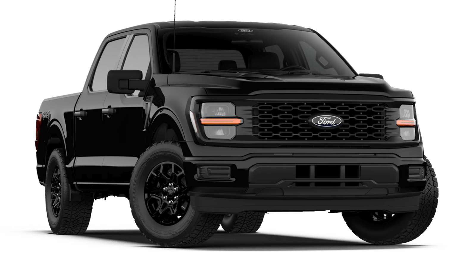 A black pickup truck with a rugged, off-road appearance, featuring large tires and a bold front grille design, stands prominently against a plain white background.