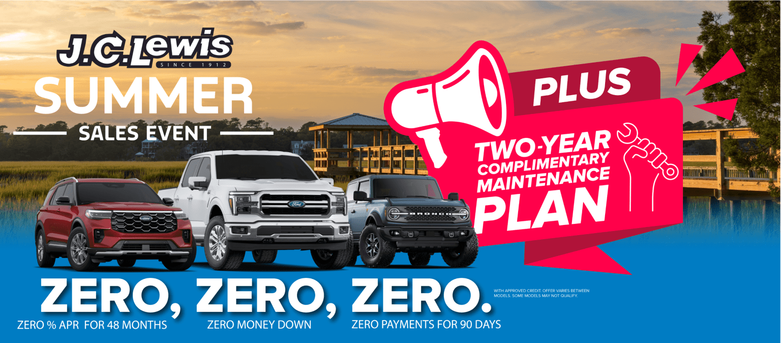 The image depicts a summer sales event advertisement for a dealership, featuring various pickup trucks in the foreground and a red promotional banner highlighting a "Two-Year Complimentary Maintenance Plan" offer, set against a scenic sunset background.