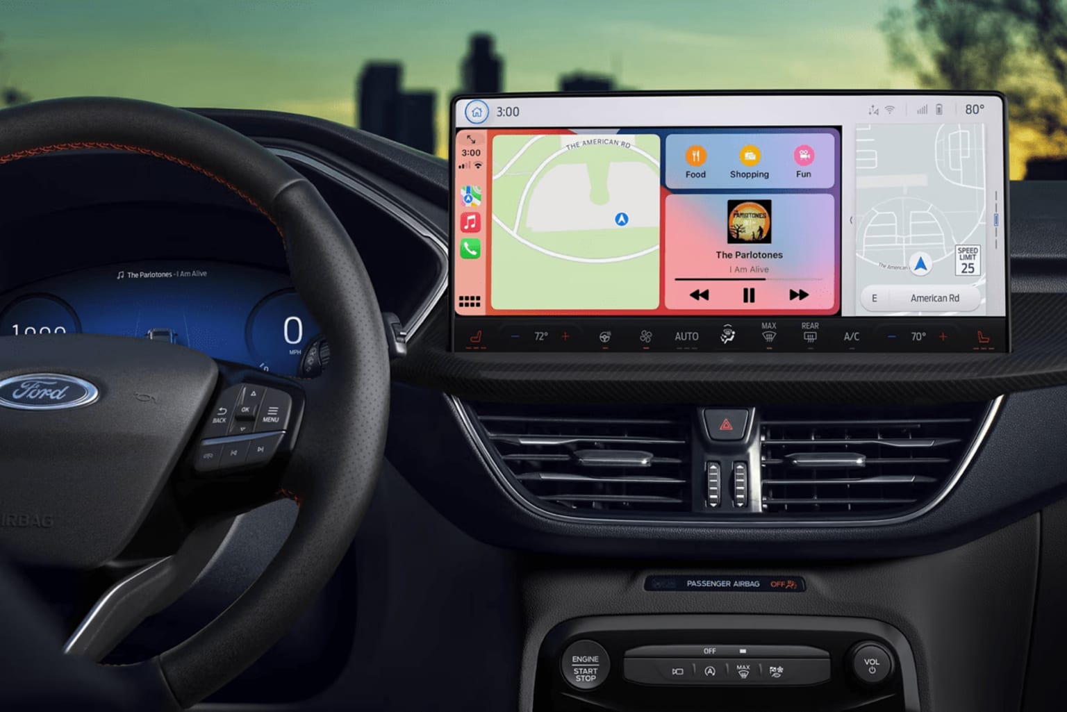 Interior of a vehicle with a steering wheel, dashboard, and a touchscreen display showing a navigation map and controls.