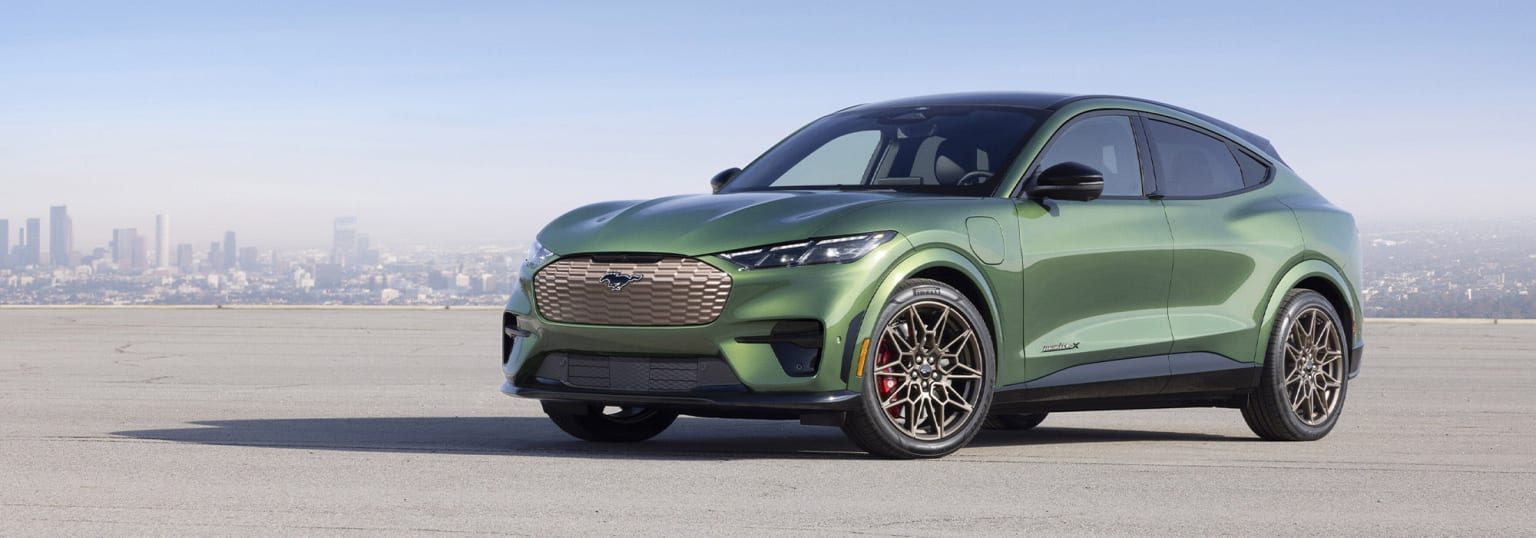A green electric SUV with a distinctive front grille and stylish alloy wheels parked on a road, with a cityscape visible in the background.