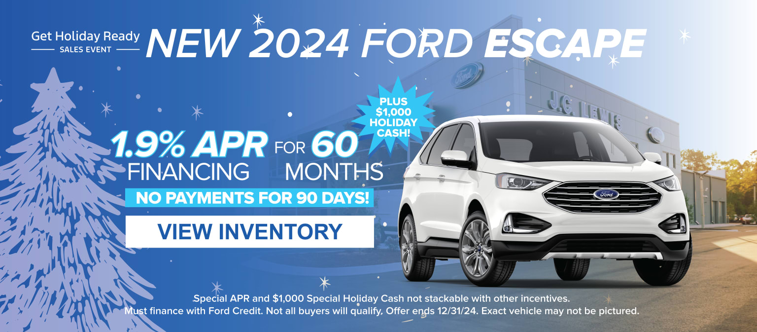 The image features a white SUV prominently displayed in the foreground, with a snowy winter landscape and holiday-themed graphics in the background, promoting a special financing offer of 1.9% APR for 60 months and $1,000 holiday cash.