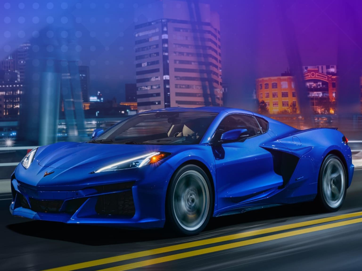 A sleek, blue sports car speeding through a vibrant, neon-lit city skyline at night, headlights cutting through the darkness.