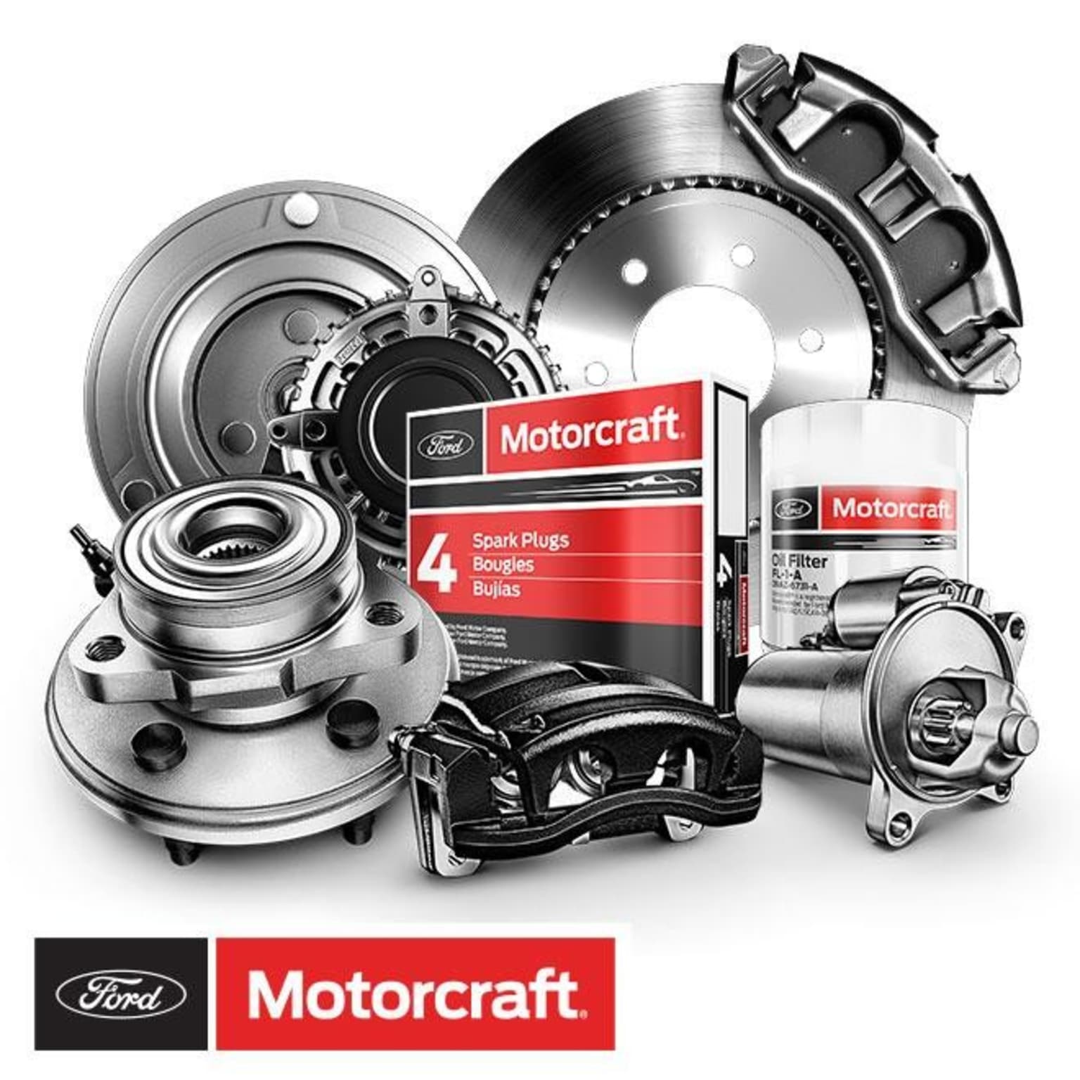 The image displays an assortment of automotive parts and components, including brake discs, spark plugs, and other products, all arranged against a plain white background.