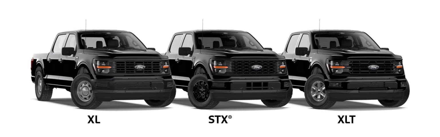 Three black trucks of different models are displayed in the image.
