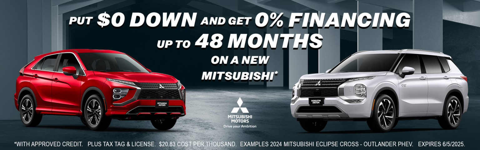 The image displays a promotional advertisement for vehicles, featuring two different models - a red SUV and a white SUV - along with details about a financing offer of $0 down and 0% financing for up to 48 months.