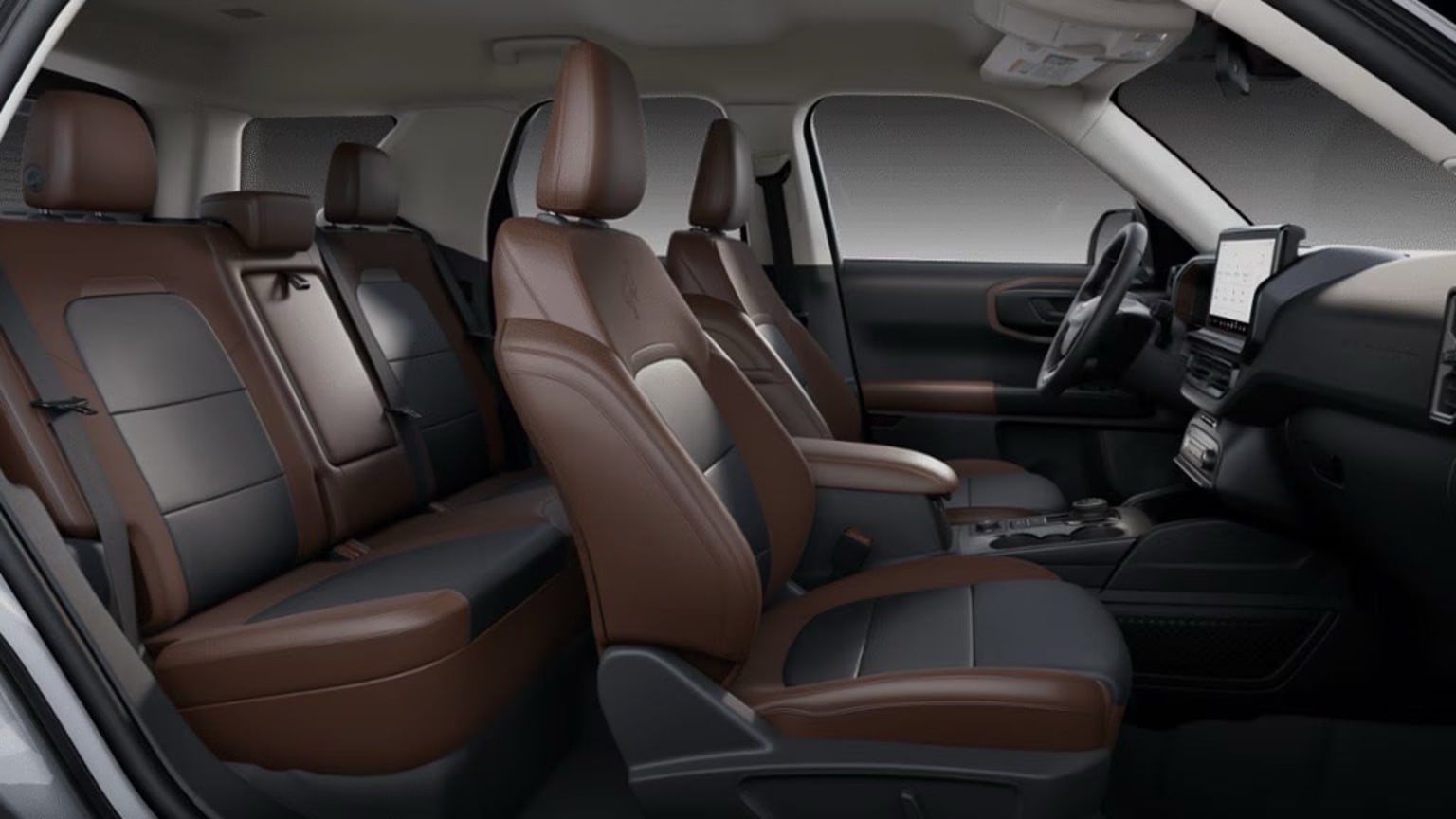Image alt text: Interior of a vehicle with rows of comfortable-looking leather seats in a combination of dark and light colors, well-designed and spacious for a comfortable and luxurious driving experience.