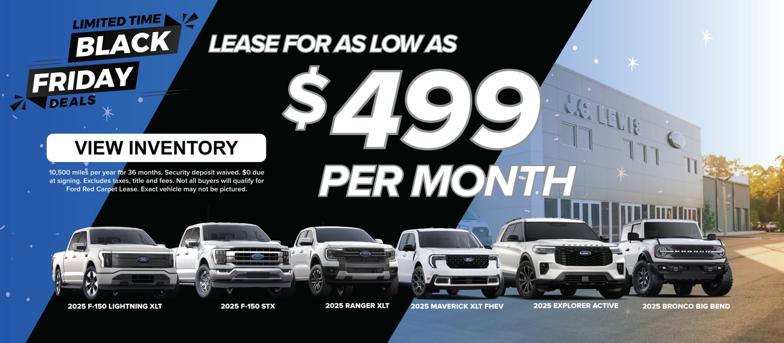 The image displays a Black Friday deal advertisement for a car leasing promotion, featuring various pickup truck models available for lease.