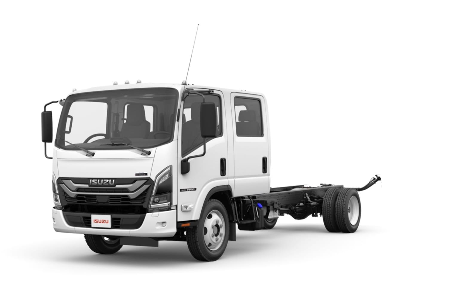 A white commercial truck with a cab-over design, featuring a flat bed in the background.