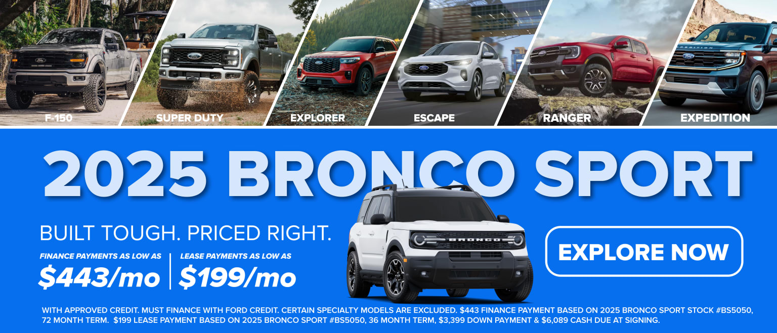 Various vehicle models lineup including a Super Duty, Explorer, Escape, Ranger, and Expedition, plus a display of the 2025 Bronco Sport model.