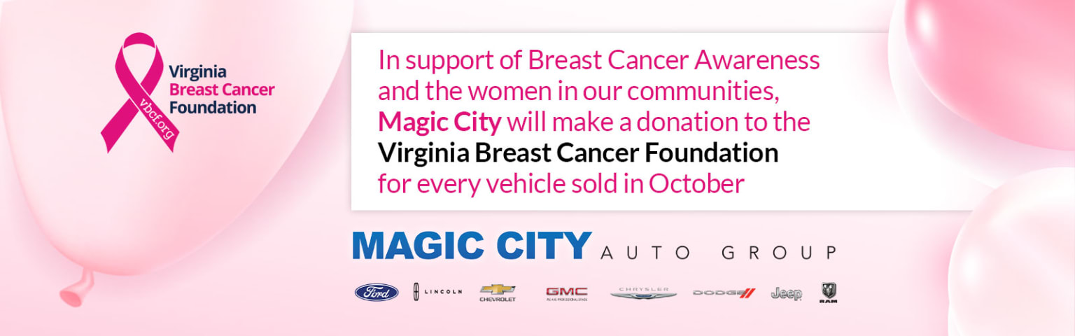 Promotional announcement from a dealership showing support for Breast Cancer Awareness and commitment to donation for every vehicle sold in October. Logos of various automobile brands are featured in the background.