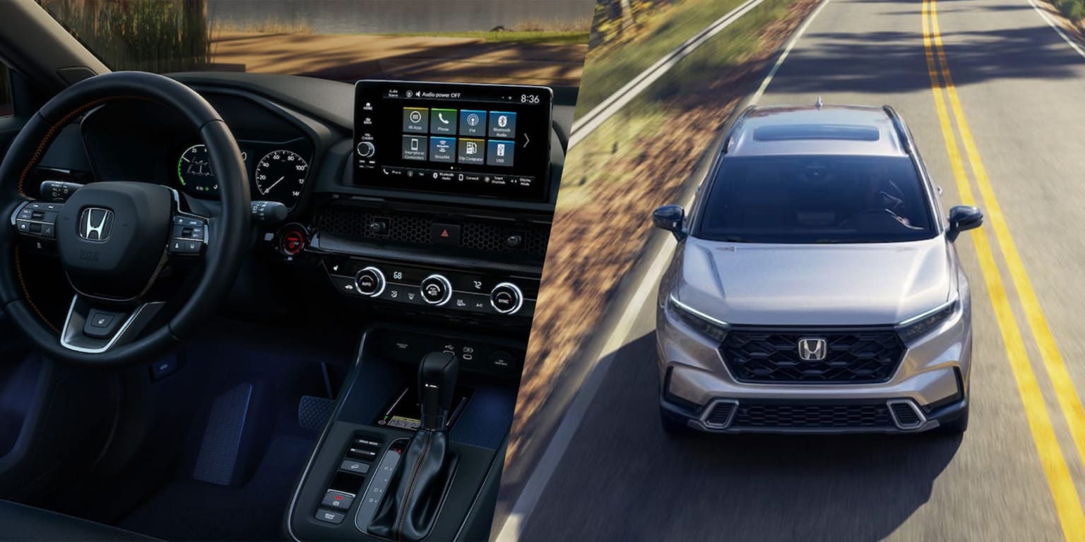 A silver SUV is shown driving on a road, with a view of its interior dashboard in the foreground.
