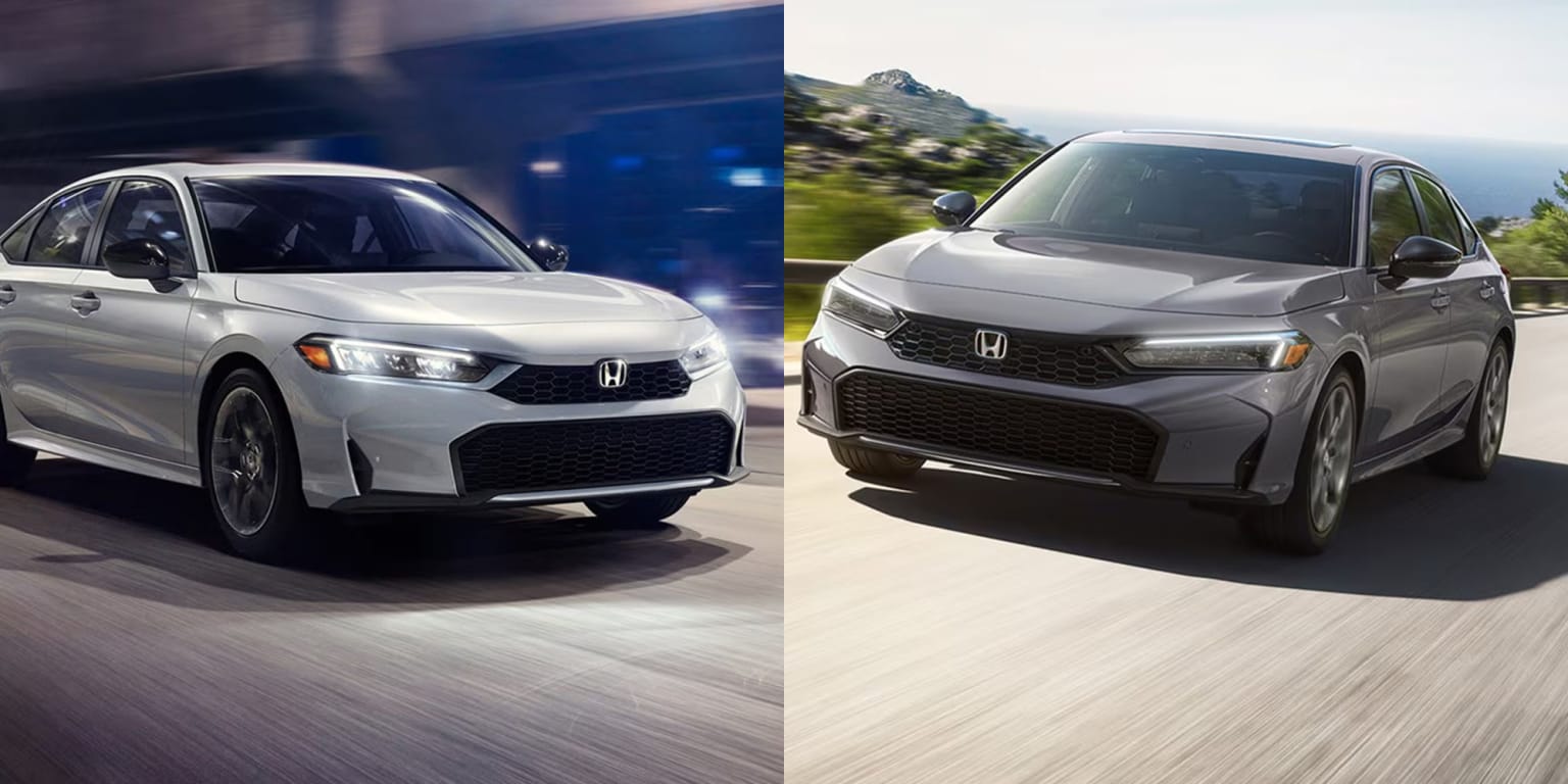 Two sedans are shown in motion, one in a city at night and the other on a scenic coastal road during the day.