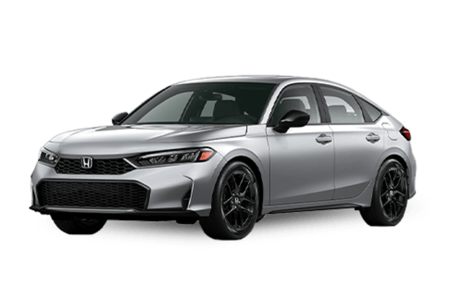 A silver sedan with black wheels is parked against a plain white background.