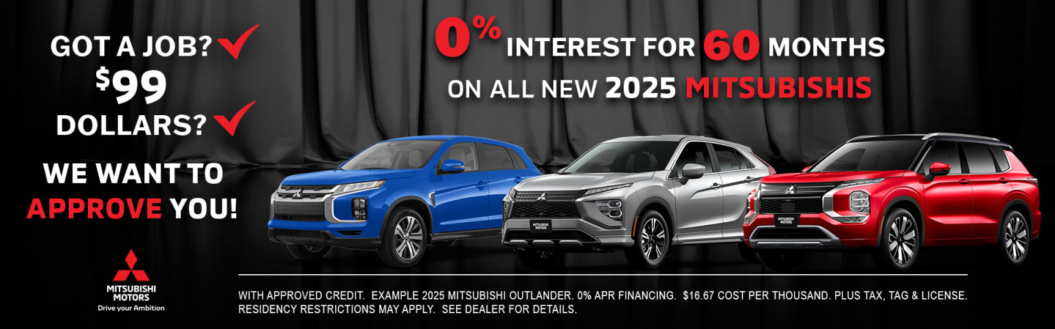 The image displays three vehicles, including a blue pickup truck and two SUVs, against a dark background with a promotional message offering 0% interest for 60 months on all new models.