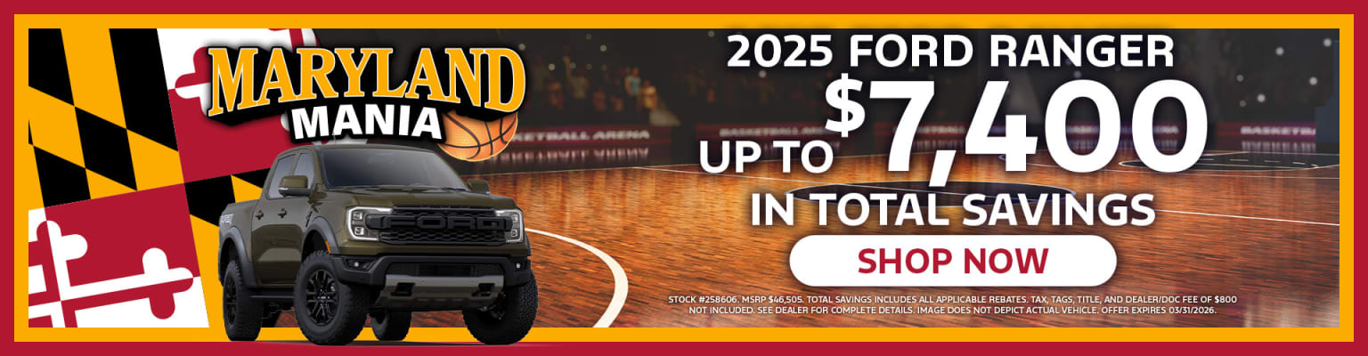 A pickup truck is showcased in the foreground of the image against the backdrop of a basketball court with the "Maryland Arena" logo visible.