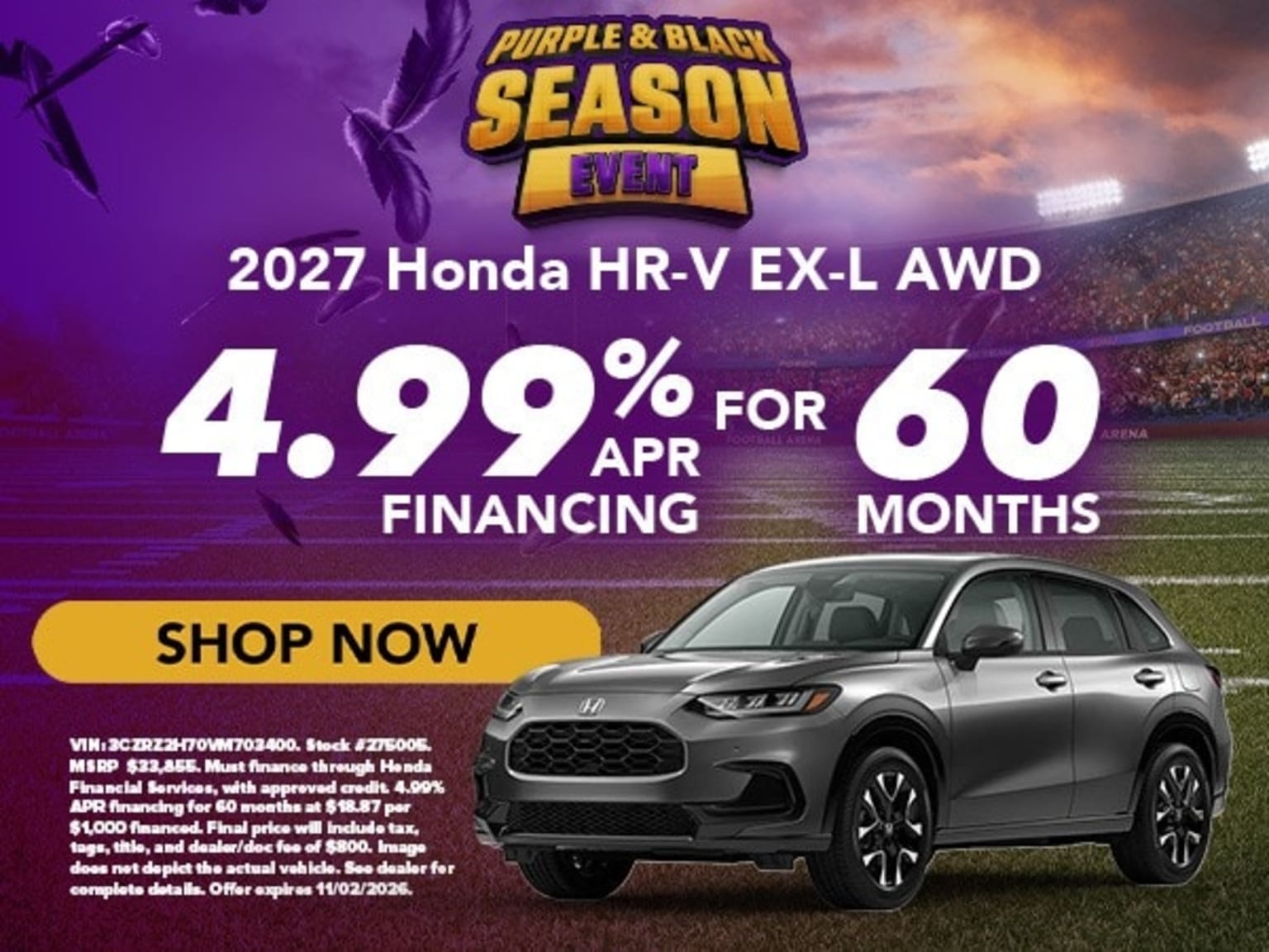 A grey SUV is positioned in the foreground of a promotional advertisement set against a background of a crowded football stadium under a sunset sky.