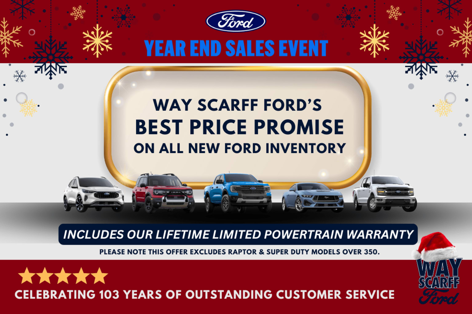 The image displays a Ford dealership's year-end sales event, featuring various Ford vehicles and highlighting the "Way Scarf Ford's Best Price Promise" on all new Ford inventory, including a lifetime limited powertrain warranty.