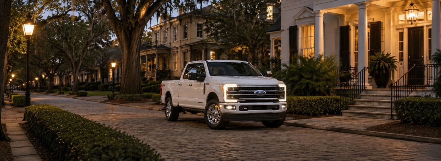 A white pickup truck parked on a cobblestone street in front of a grand white house with a porch and columns, with gas lamps illuminating the tree-lined street.