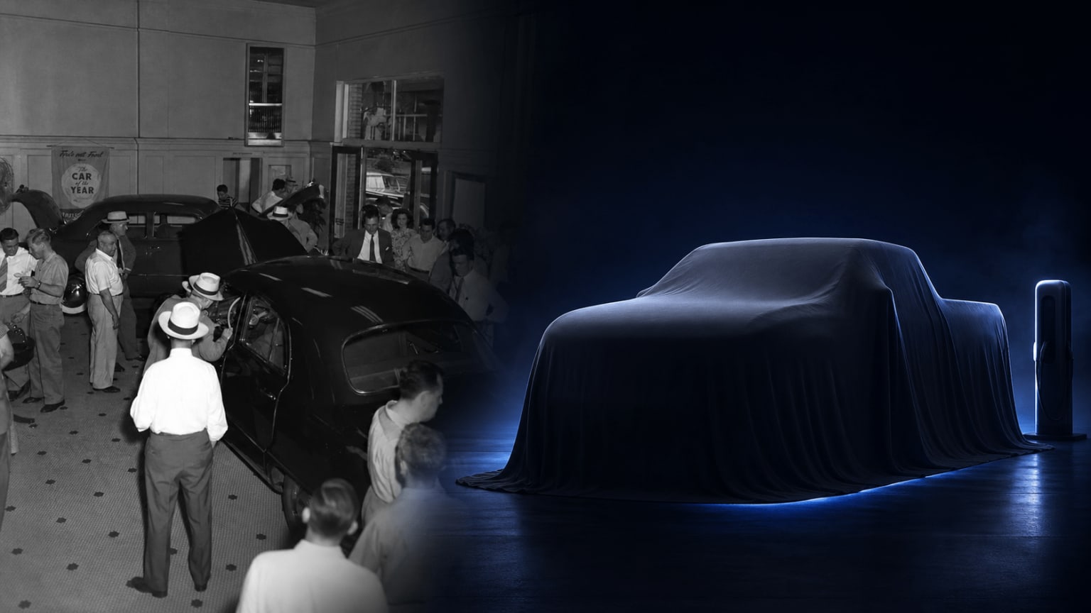 A vintage car attracts a crowd in the foreground, while a modern truck is uncovered under a cloth in the background.