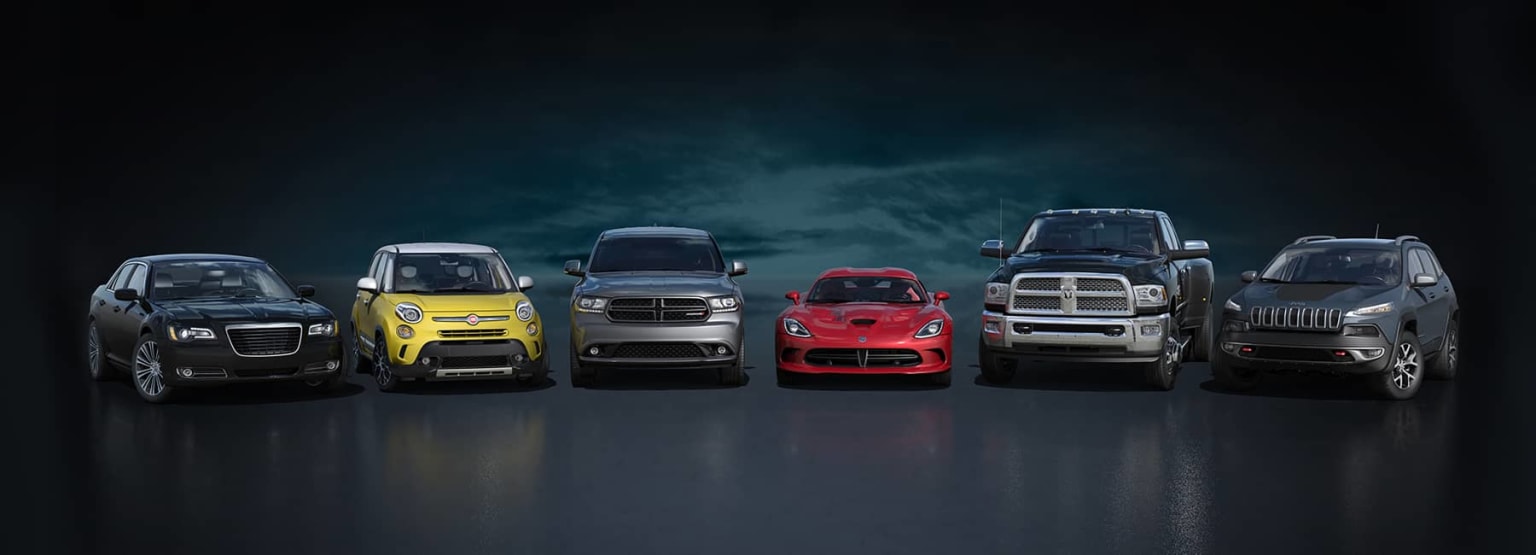 A lineup of various colorful and distinctive vehicles, including a yellow compact car, a red sports car, and several larger trucks, set against a dark, moody background.