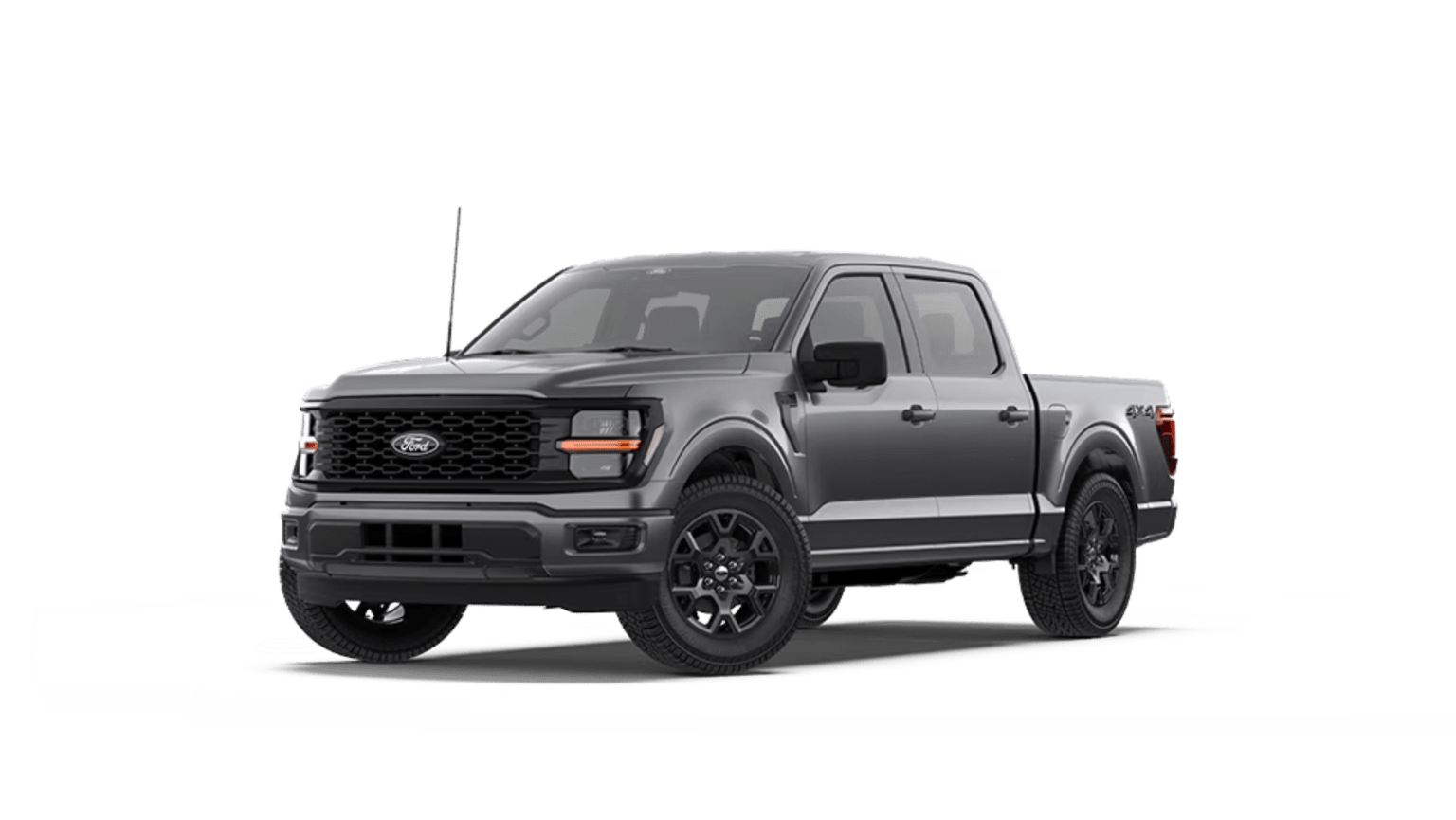 A grey pickup truck positioned in the foreground against a plain white background.