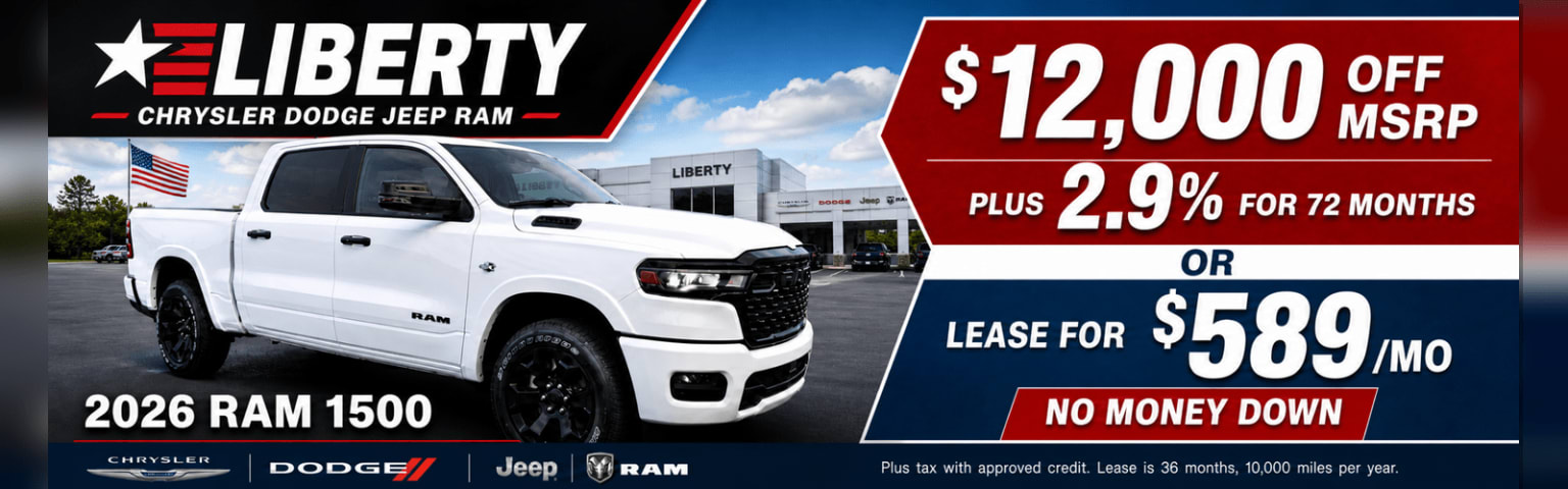A white 2026 truck is advertised with a discount deal and a lease option, set against a dealership background.