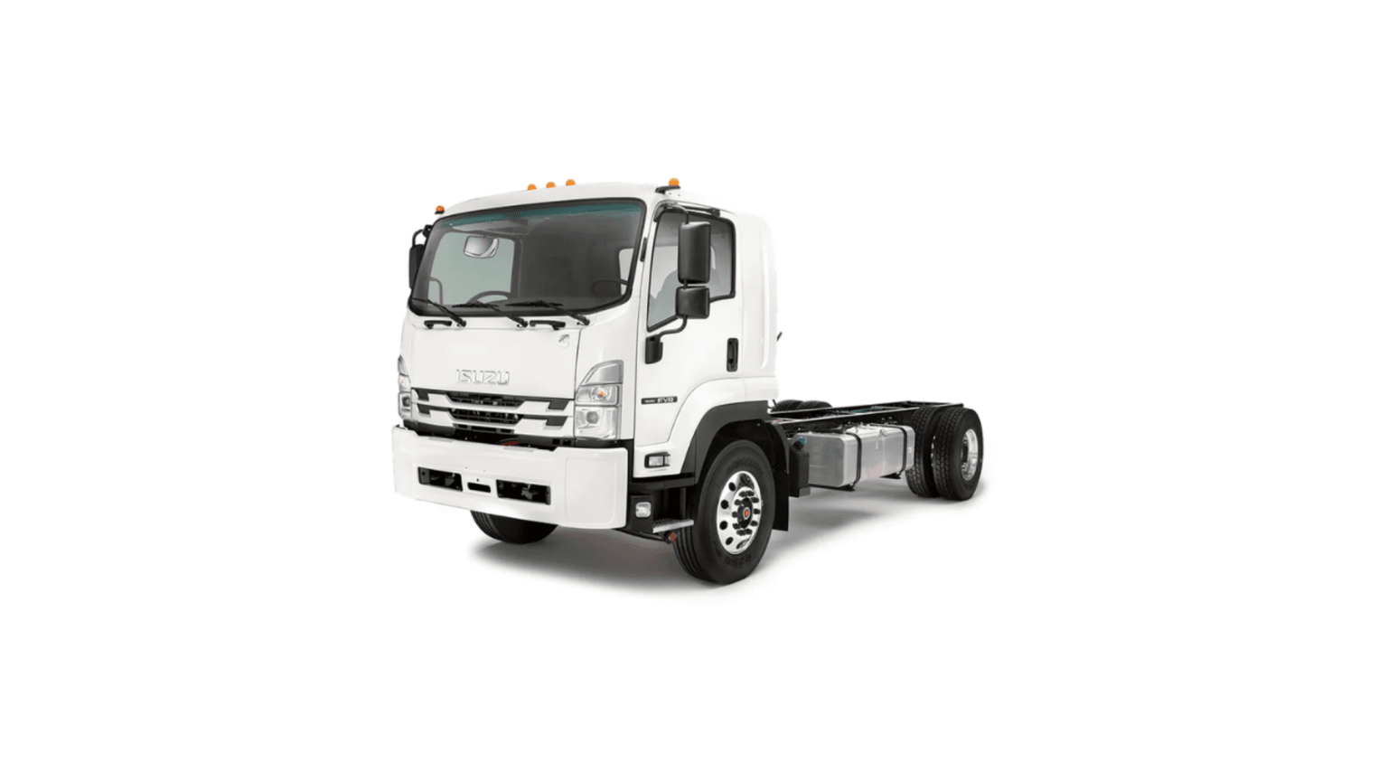 A white chassis truck stands centered against a plain white background.