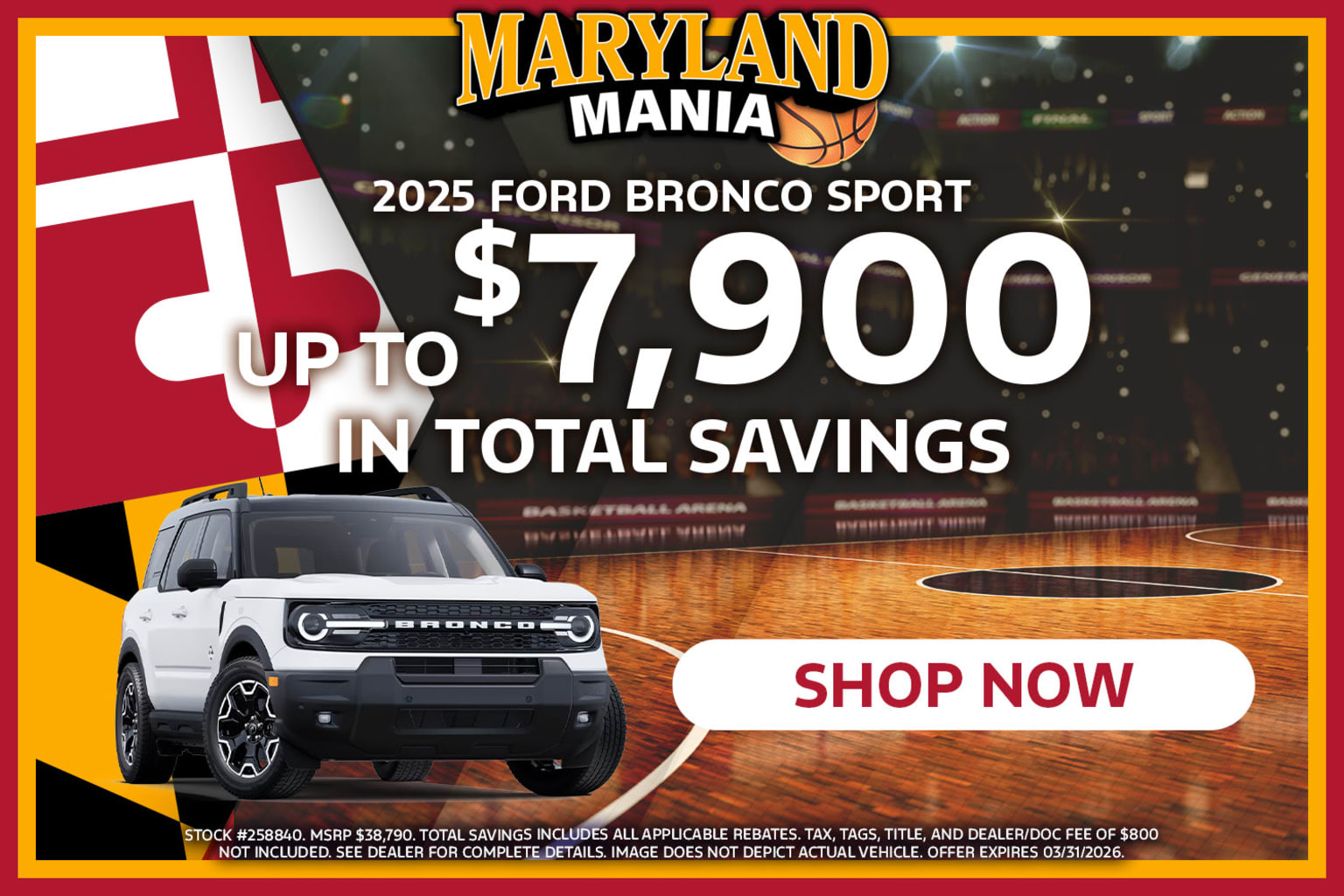 A white SUV parked in the foreground with a basketball court and hoop in the background, featuring "Maryland Mania" branding and a promotional offer for savings on the vehicle.