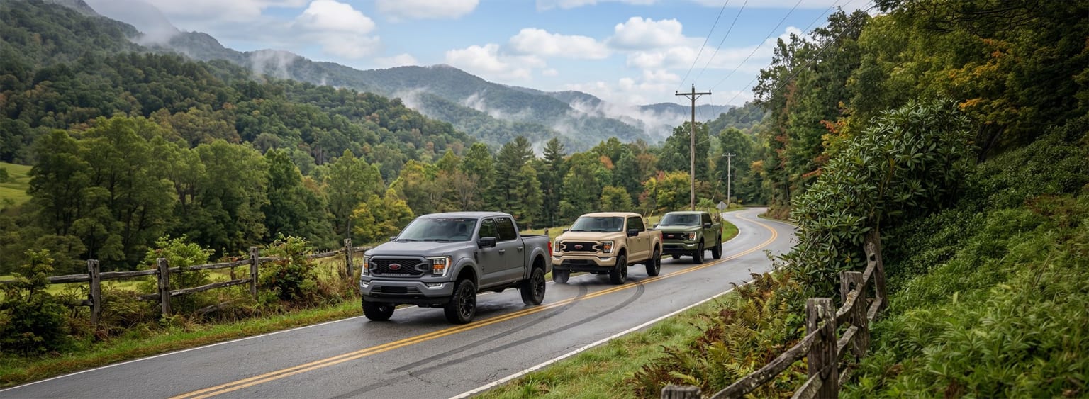 Off-road vehicles on a mountain road surrounded by lush forest and towering peaks.