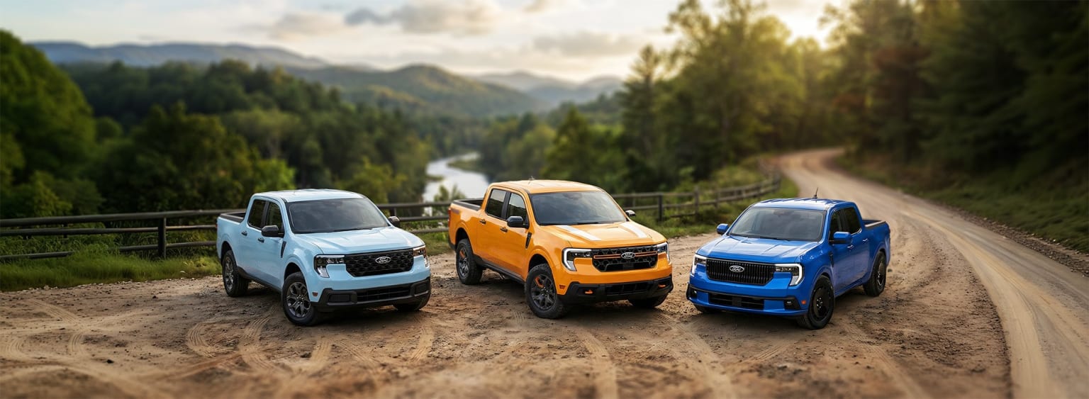 Off-road vehicles on a dirt road in a forested area with mountains in the background.