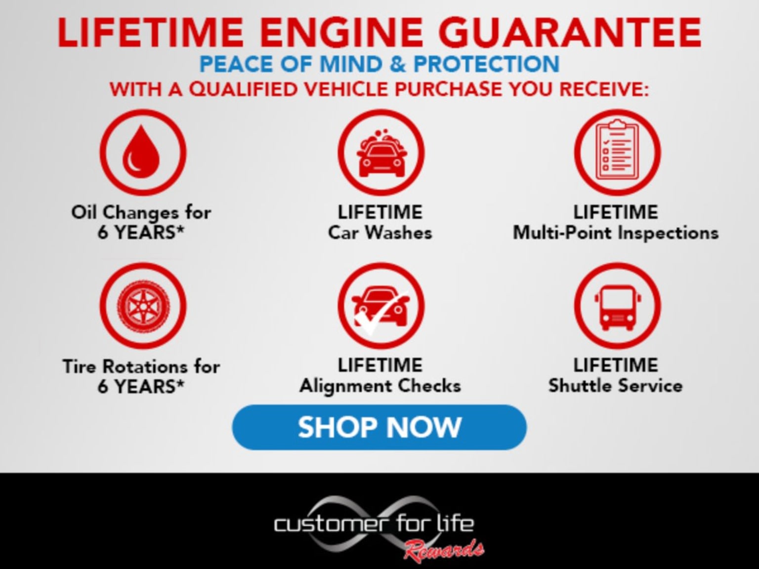 An advertisement displaying a lifetime engine guarantee with icons describing services like oil changes and car washes, set against a white background. The black footer states "Customer for Life Rewards."