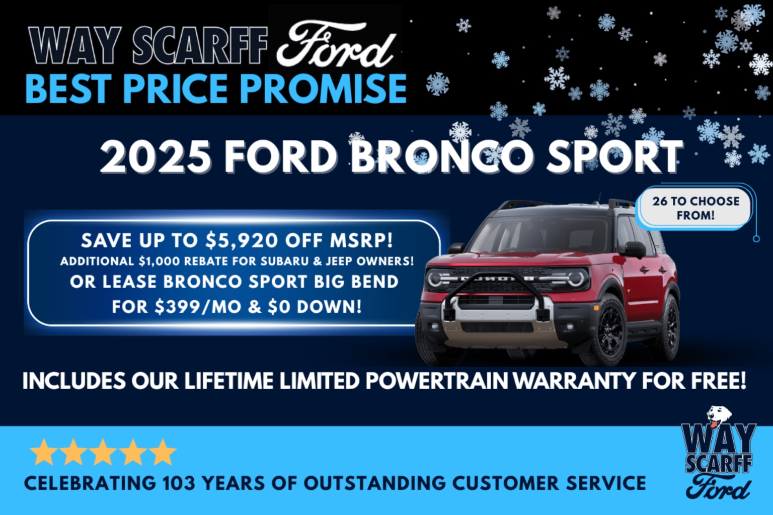 Image of a red SUV, 2025 model, against a dark background with snowflakes, featuring "Best Price Promise" and "Lifetime Limited Powertrain Warranty" offers.