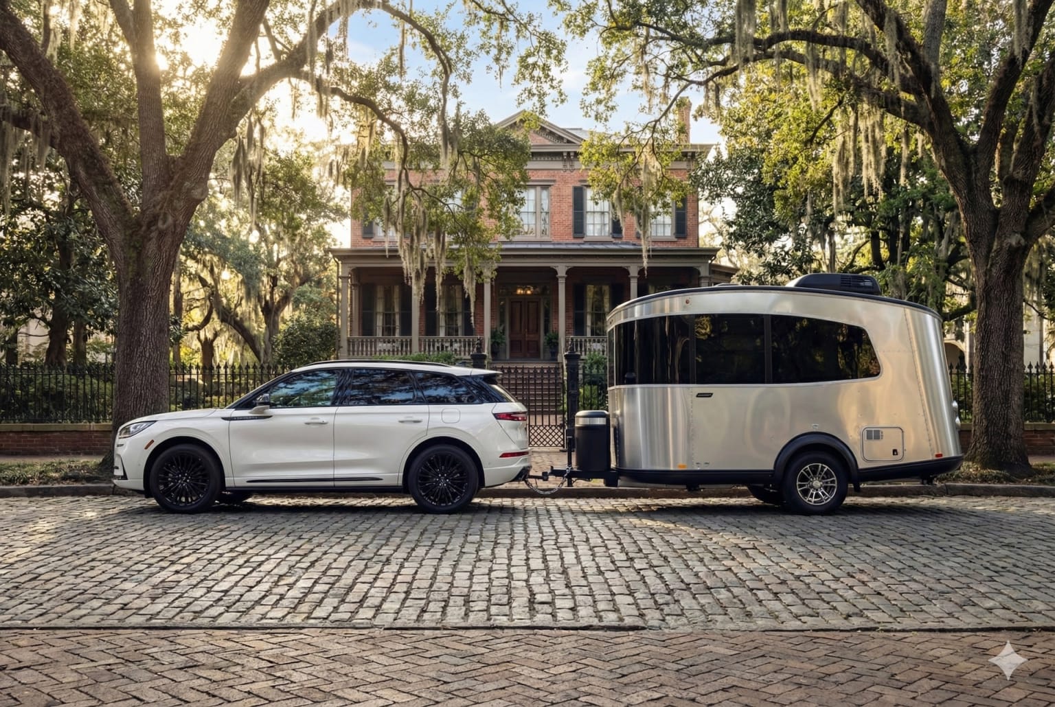A white SUV and a silver Airstream trailer are parked on a brick-paved driveway in front of a historic, two-story brick building surrounded by lush, hanging trees.