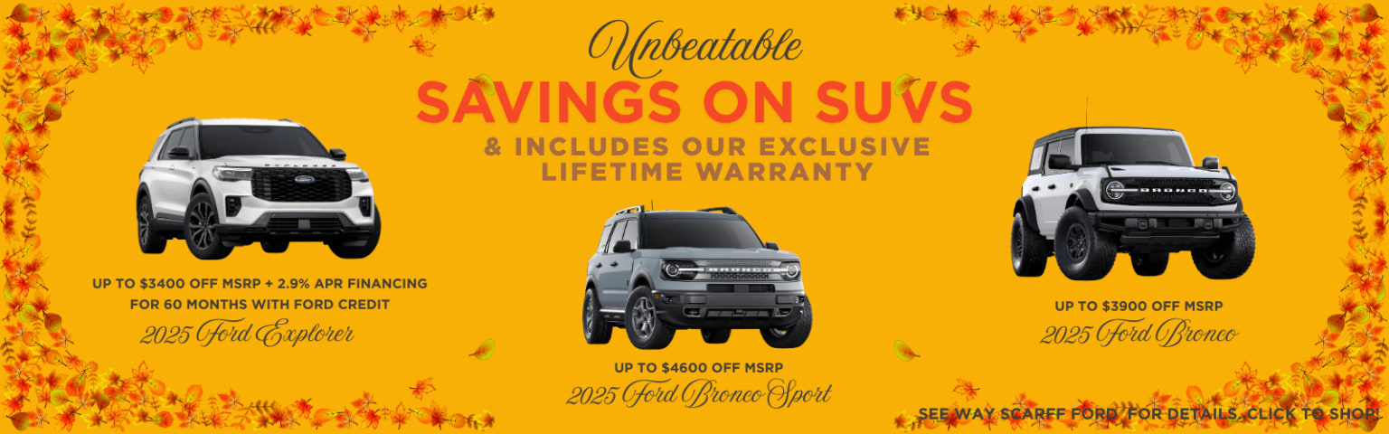 Promotional offer for savings on SUVs with various SUV models on an orange background with autumn leaves.