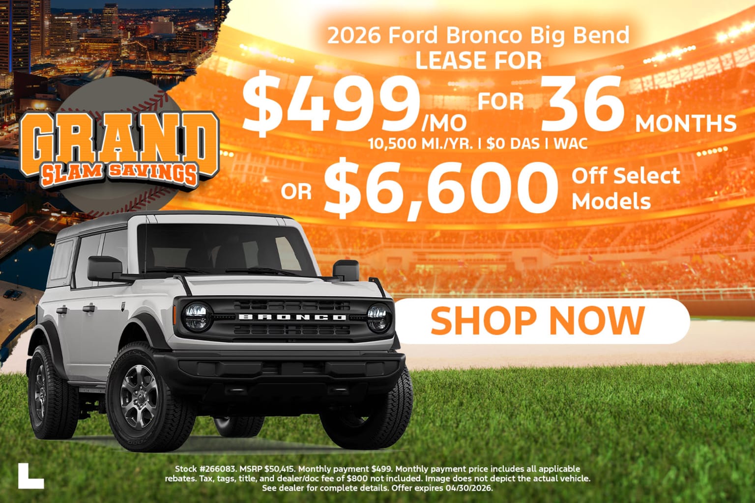 A 2026 SUV displayed in the foreground, with a cityscape skyline in the background, and a promotional lease deal offer.