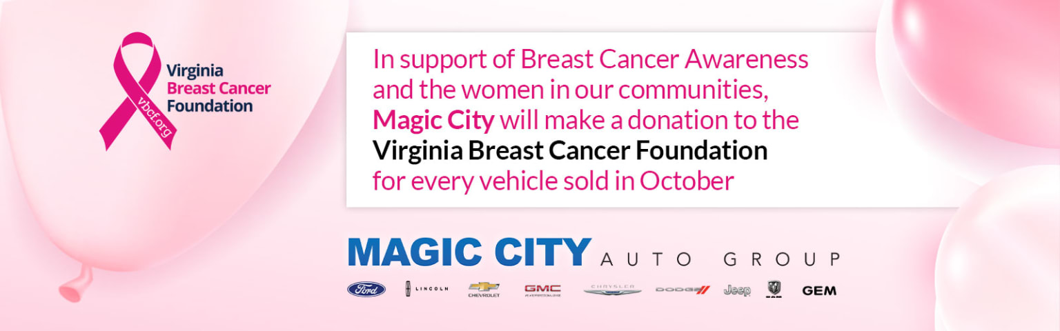 The image displays a message in support of Breast Cancer Awareness, with Magic City Auto Group pledging to make a donation to the Virginia Breast Cancer Foundation for every vehicle sold in October. The background features various logos of automotive brands associated with Magic City Auto Group.