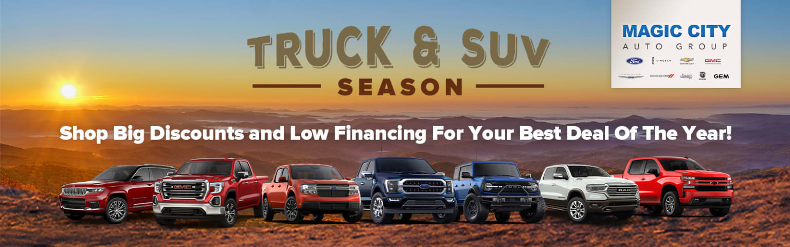 The image showcases a variety of pickup trucks and SUVs against a scenic backdrop of a sunset over a rural landscape, with the text "TRUCK & SUV SEASON" prominently displayed, advertising discounts and low financing for the best deals on these vehicles.