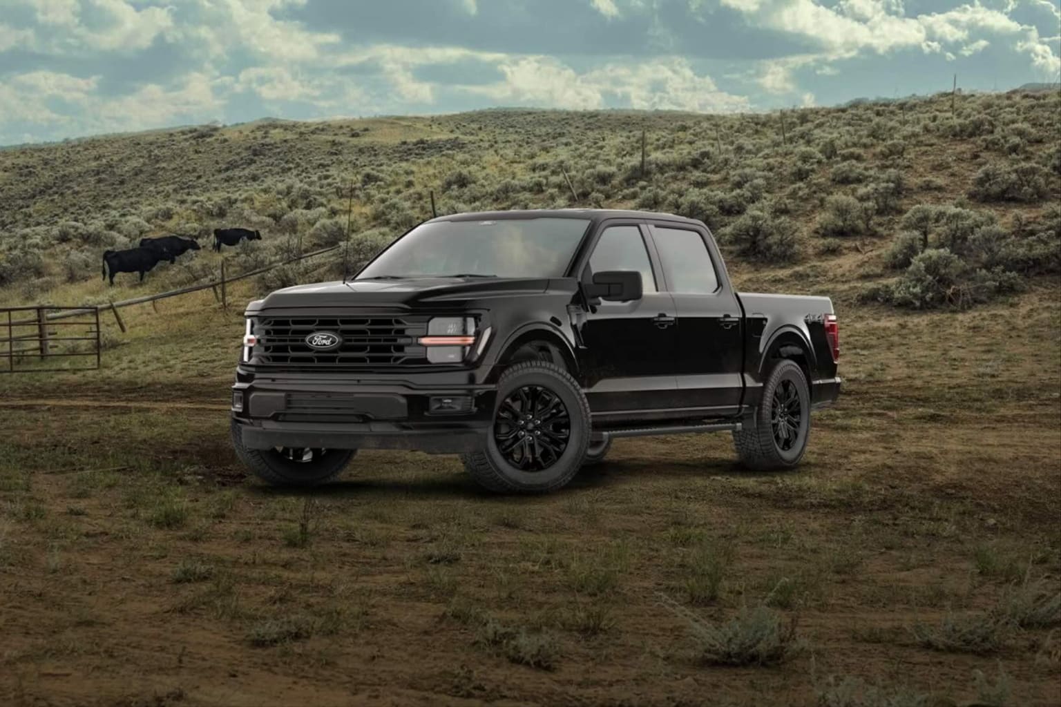 A black pickup truck sits on a dirt road in the foreground, with rolling hills and a few cows grazing in the background under a cloudy sky.