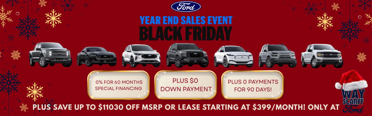 The image displays a Black Friday sales event at a dealership, featuring various vehicle models with promotional offers such as 0% financing for 60 months, $0 down payment, and 0 payments for 90 days.