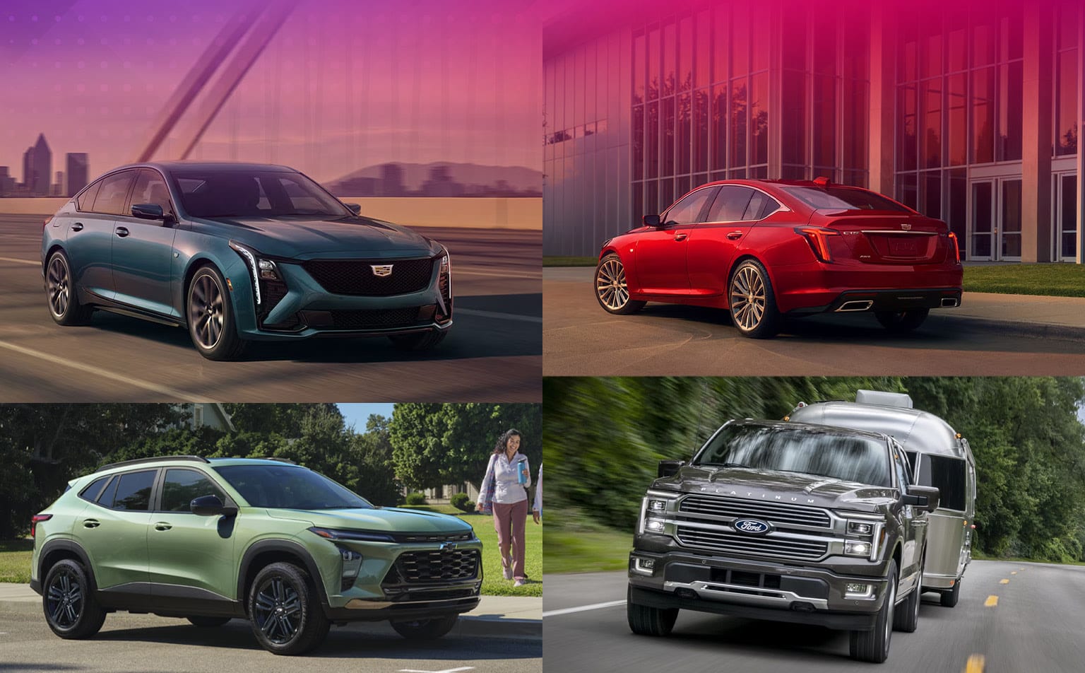 Various high-end and futuristic-looking vehicles are featured in the image, including a turquoise-colored SUV, a red sedan, a green SUV, and a black truck, all set against vibrant and colorful backgrounds suggesting urban and natural settings.