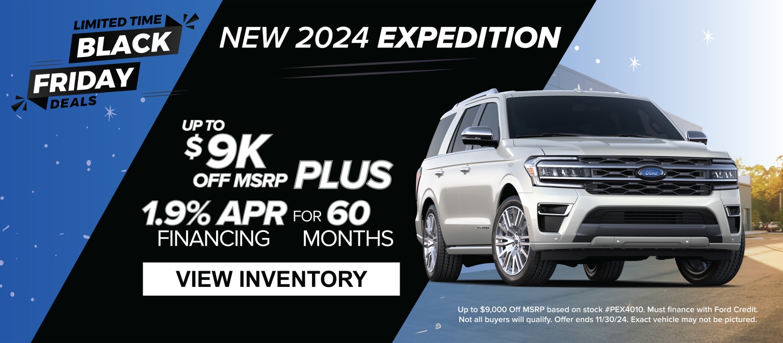 An image of a new SUV in the foreground against a blue background with Black Friday deals and financing information.