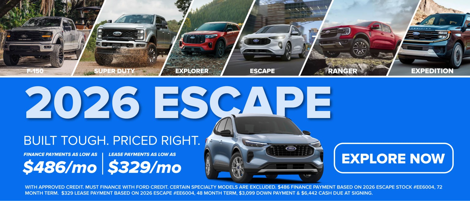 Various vehicle models from an automotive dealership are displayed in the image, including a Super Duty, Explorer, Escape, Ranger, and Expedition, along with a prominent display of a 2026 Escape model.